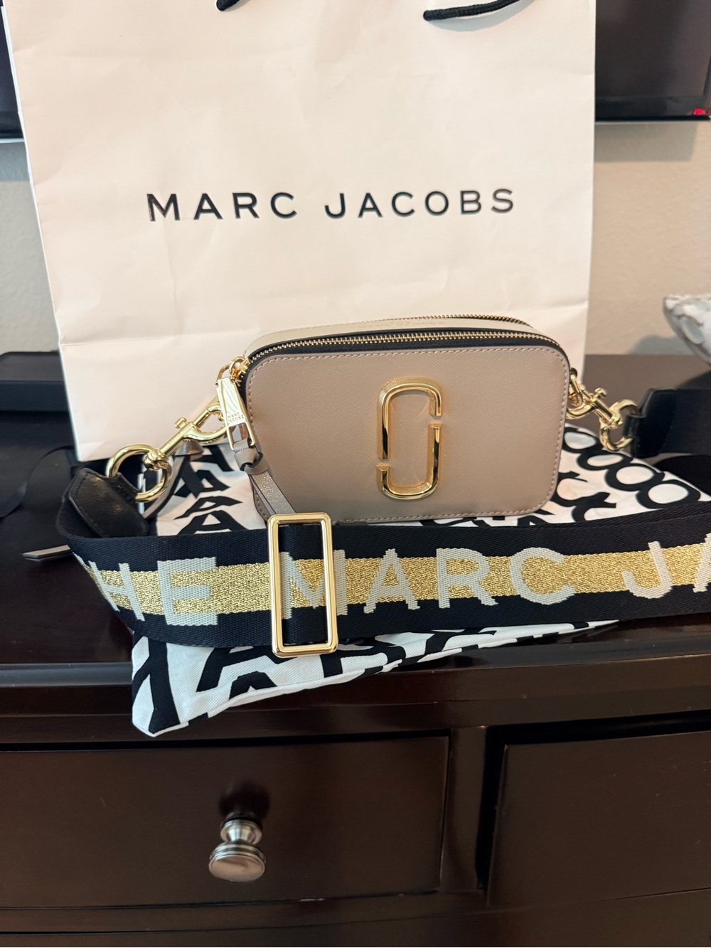 Marc Jacobs Taupe Snapshot Camera Bag with Black & Gold Strap